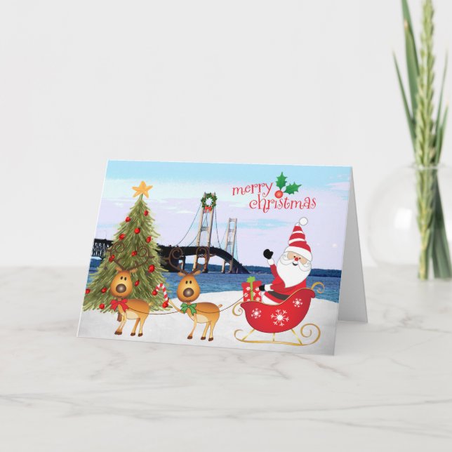 Mackinac Bridge Christmas Card with Santa, Sleigh, (Front)