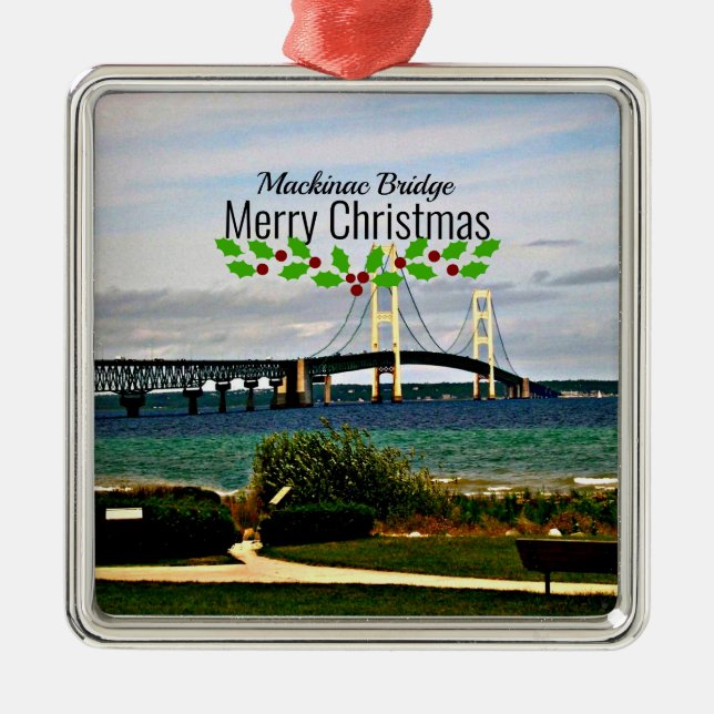 Mackinac Bridge, Merry Christmas, Metal Tree Decoration (Front)