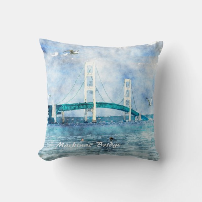 Mackinac Bridge Watercolor Artwork Canvas Cushion (Front)
