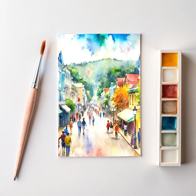 Mackinac Island Busy Street Watercolor Painting Postcard (Creator Uploaded)