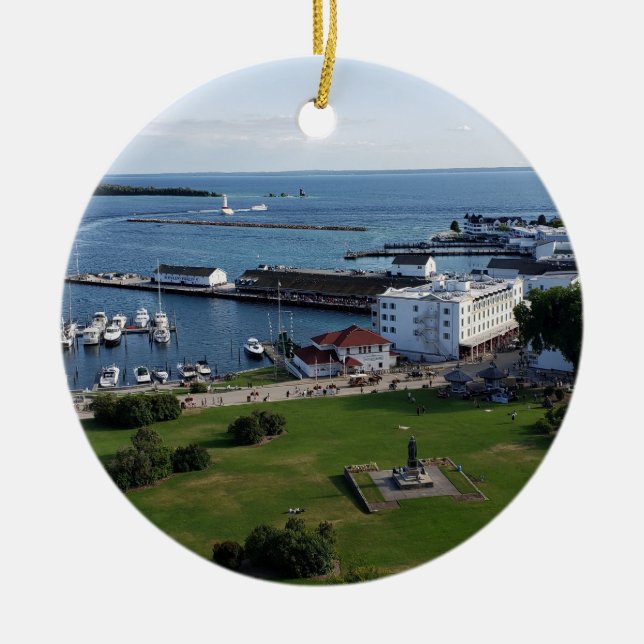 Mackinac Island & Harbor, Michigan Ceramic Tree Decoration (Front)