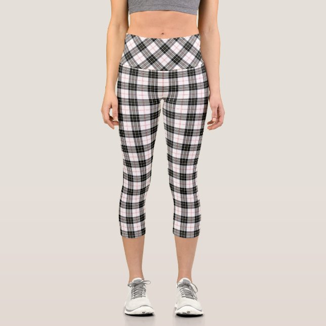 MacPherson tartan black white plaid Capri Leggings (Front)