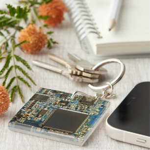 Macro Blue Circuit Board   PCB Photo Key Ring