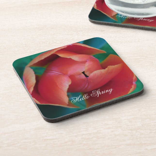 Macro Red Tulip Flower Photography Plastic Coaster (Left Side)