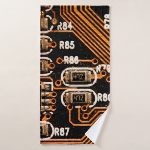 macro shot of circuitboard,cables,capacitors,card, bath towel