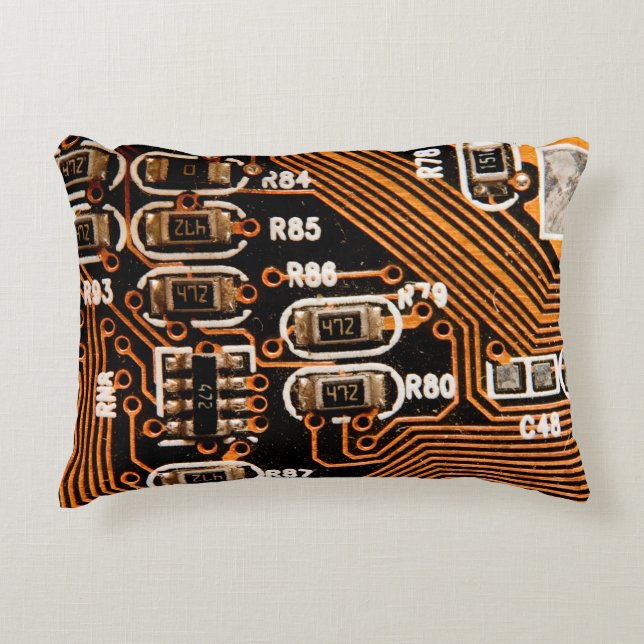 macro shot of circuitboard,cables,capacitors,card, decorative cushion (Front)