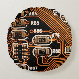macro shot of circuitboard,cables,capacitors,card, round cushion