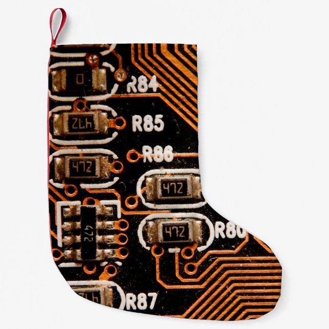 macro shot of circuitboard,cables,capacitors,card, small christmas stocking (Front)
