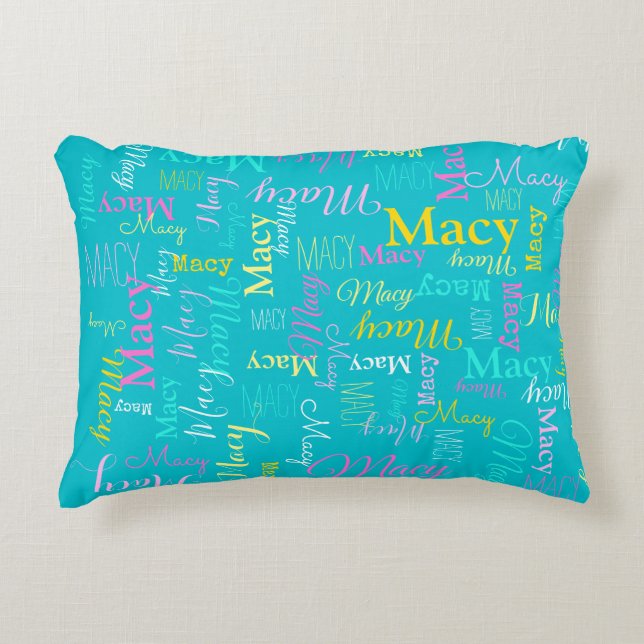 Macy personalised short name aqua pink text decorative cushion (Front)