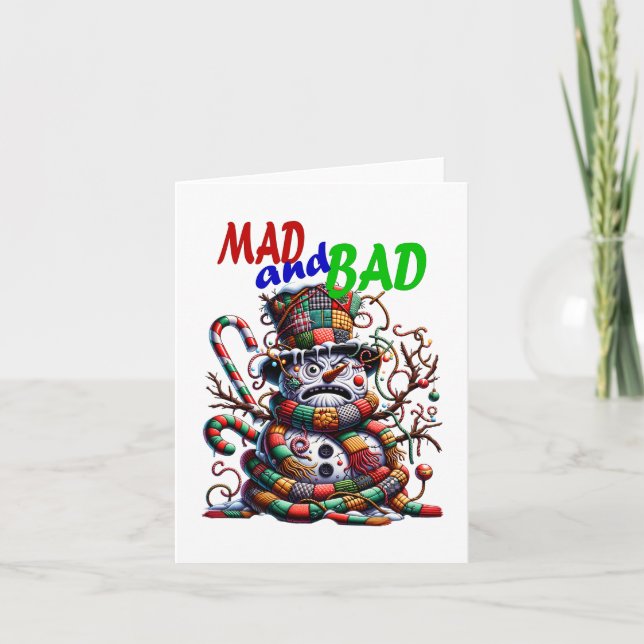Mad and Bad, grumpy funny Snowman, fantasy art Holiday Card (Front)