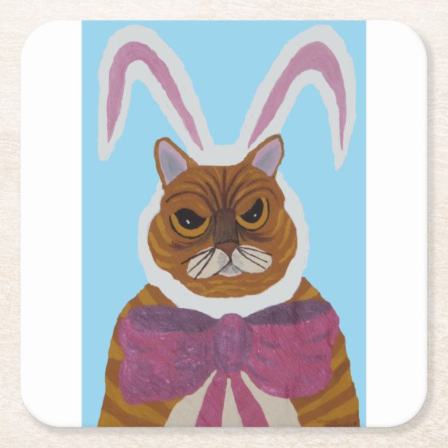 Mad Cat in Bunny Ears Square Paper Coaster (Front)
