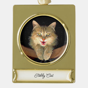 Mad Cat Painting - Cute Original Cat Art Gold Plated Banner Ornament