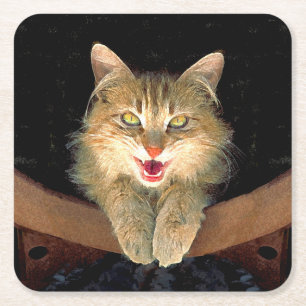 Mad Cat Painting - Cute Original Cat Art Square Paper Coaster