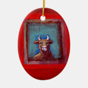 Mad Cow sad indignant upset emotional fun ART Ceramic Tree Decoration