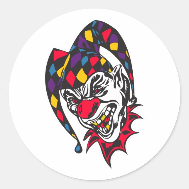 mad evil jester clown classic round sticker (Front)