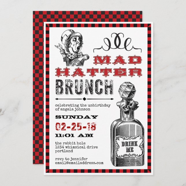 Mad Hatter Brunch Party on White Invitation (Front/Back)
