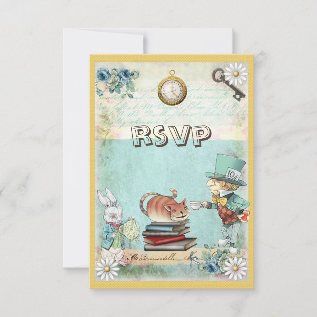 Mad Hatter & Cat RSVP Bring a Book Baby Shower Card (Front)