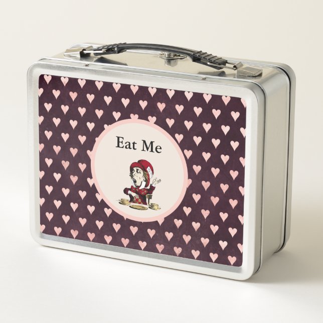 Mad Hatter "Eat Me" Burgundy and Pink Hearts Metal Lunch Box (Back)