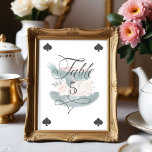 Mad Hatter Hat Watercolor Alice in Wonderland Table Number<br><div class="desc">Beautifully designed vintage Alice in Wonderland table number signs. Perfect for an Alice in Wonderland-themed event. We illustrated our own inspired the mad hatter's hat. Deep emerald green hat with blush pink sash and blush pink chequered top. Decorated with our handpainted peacock feather, florals, playing card, and pocket watch to...</div>