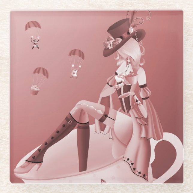 Mad Hatter in teacup  Glass Coaster (Front)