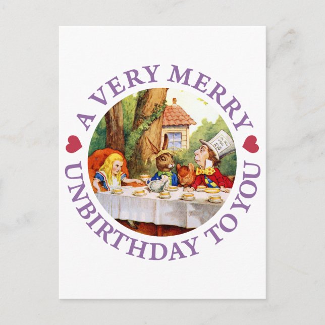 Mad Hatter Says a Very Merry Unbirthday to You! Holiday Postcard (Front)