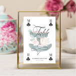 Mad Hatter Watercolor Vintage Alice in Wonderland Table Number<br><div class="desc">Beautifully designed vintage Alice in Wonderland-themed wedding table number signs. Perfect for an Alice in Wonderland-themed wedding. We illustrated our own inspired the mad hatter's hat. Deep emerald green hat with blush pink sash and blush pink chequered top. Decorated with our handpainted peacock feather, florals, playing card, and pocket watch...</div>