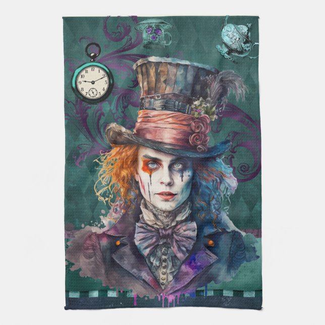Mad Hatter Watercolour portrait Tea Towel (Vertical)