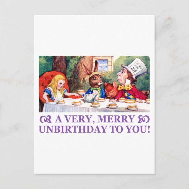 MAD HATTER WISHES ALICE A VERY MERRY UNBIRTHDAY! HOLIDAY POSTCARD (Front)