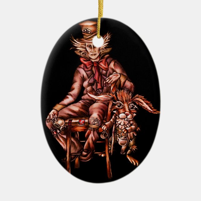 Mad Hatter with March Hare Drawing Ceramic Tree Decoration (Front)