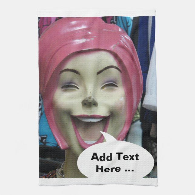 Mad Laughing Mannequin ~ Uncanny Valley Girl Tea Towel (Vertical)