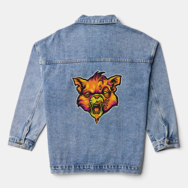 Mad Rabid Cat Illustration Denim Jacket (Back)