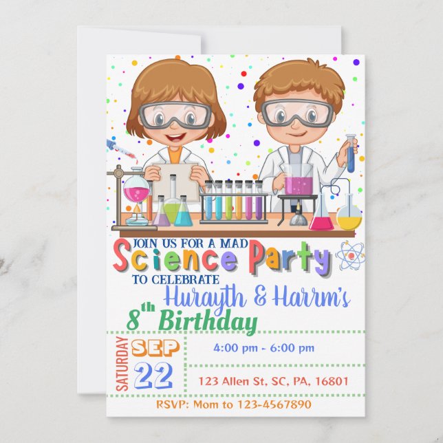 Mad Science Birthday Invitation for Twins  (Front)