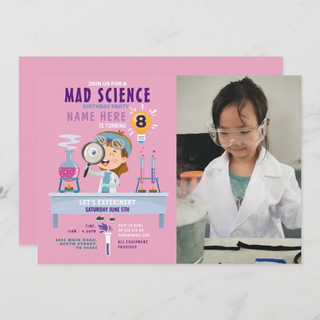 Mad Science Birthday Party Experiment Girls Pink  Invitation (Front/Back)