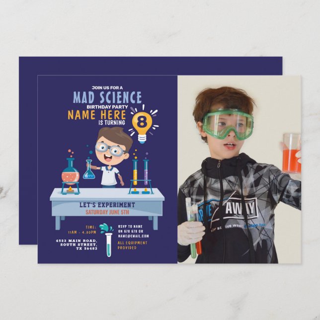 Mad Science Birthday Party Experiment Photo Invitation (Front/Back)