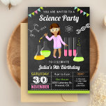 Mad Science Experiment Girls Birthday Party Invite<br><div class="desc">Amaze your guests with this colourful science birthday party invitation featuring a laboratory girl doing an experiment against a chalkboard background. Simply add your event details on this easy-to-use template to make it a one-of-a-kind invitation. Flip the card over to reveal a colourful stripes pattern on the back of the...</div>