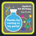 Mad Science Lab Birthday Party Favour Square Sticker<br><div class="desc">These are fun stickers to use for a mad science or scientist birthday party.  The design features a round beaker with blue liquid,  DNA helix and atom molecules.  The background is a dark grey with a lime green border.  Personalise these favour stickers with a name,  date and short message.</div>