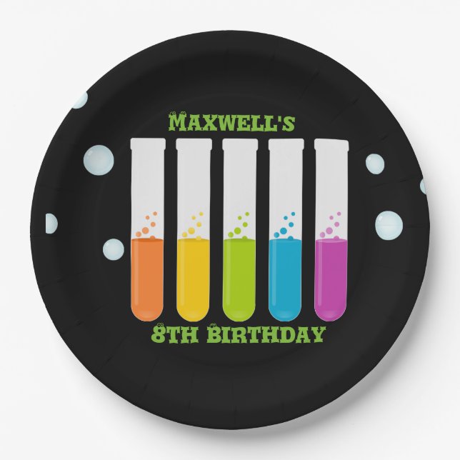 Mad Scientist Colourful Test Tubes Birthday Paper Plate (Front)