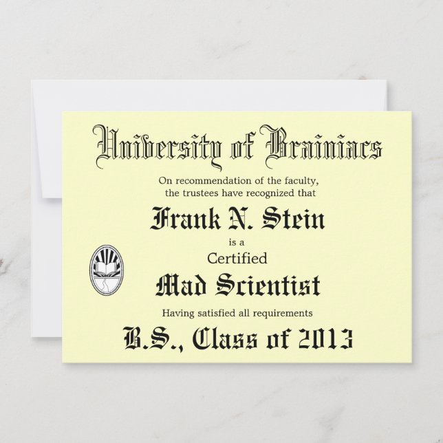 Mad Scientist Diploma Joke invitation (Front)