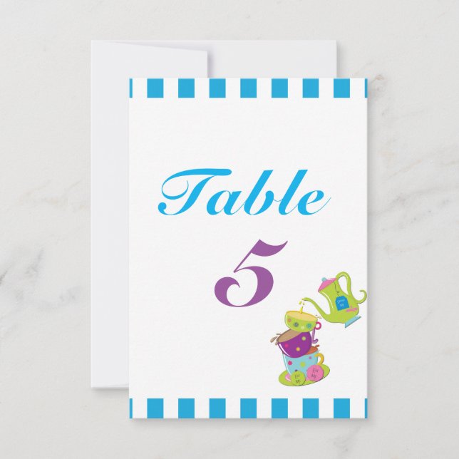 Mad Tea Party Cups Birthday Table Number Card (Front)