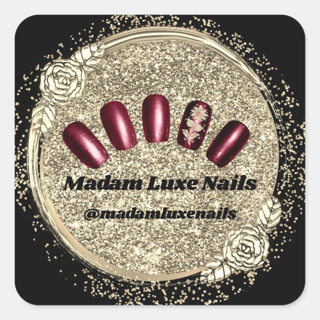 Madam Luxe Nail Glitter Black Burgundy Gold Square Sticker (Front)