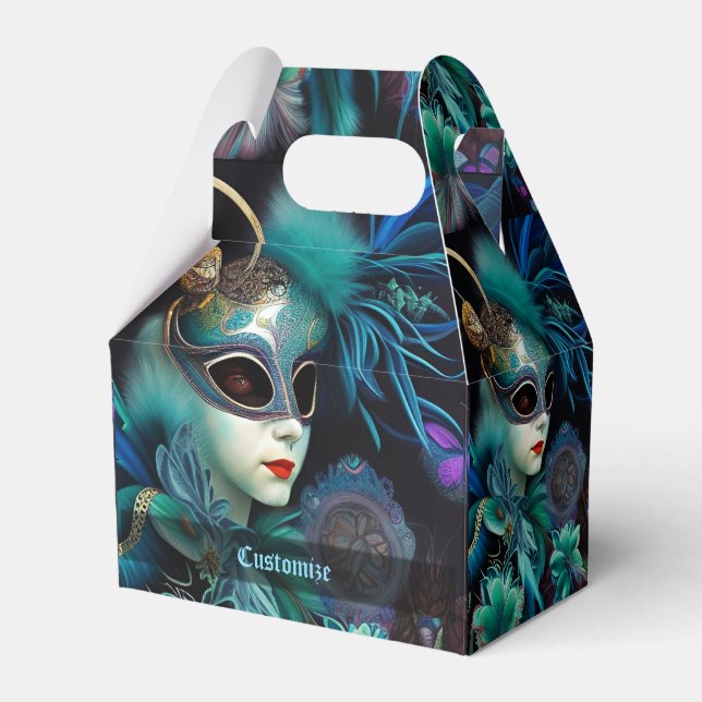 Madame Masquerade Teal Gable Favour Box (Front Side)