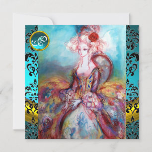 MADAME POMPADOUR,BLUE BLACK DAMASK FLOWER MONOGRAM INVITATION