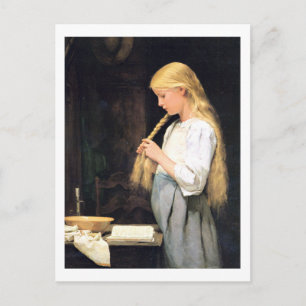 Mädchen die Haare flechtend Girl Braiding her Hair Postcard