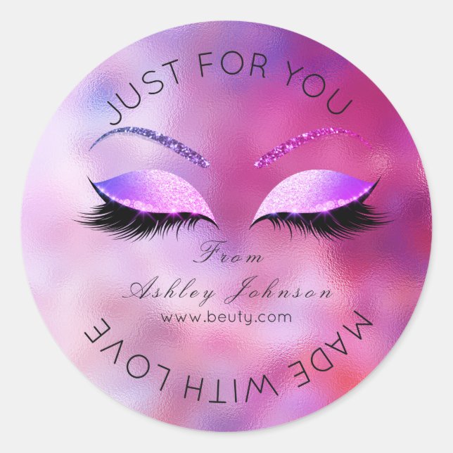 Made By Glitter Lashes Beauty Purple Pink Makeup Classic Round Sticker (Front)