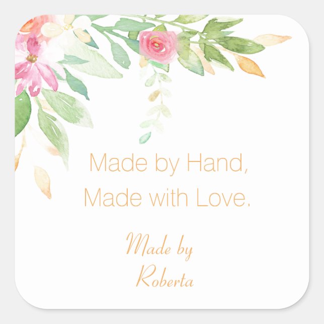 Made by Hand Label with a Watercolor Garden Flower (Front)