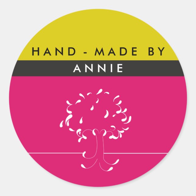 Made By {your name} Sticker in Fuscia and Mustard (Front)