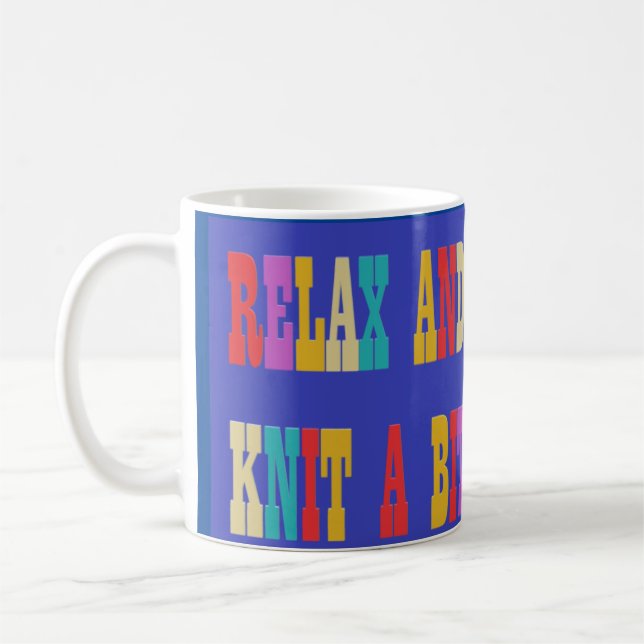 Made for knitting fans bright coloured text on blu coffee mug (Left)