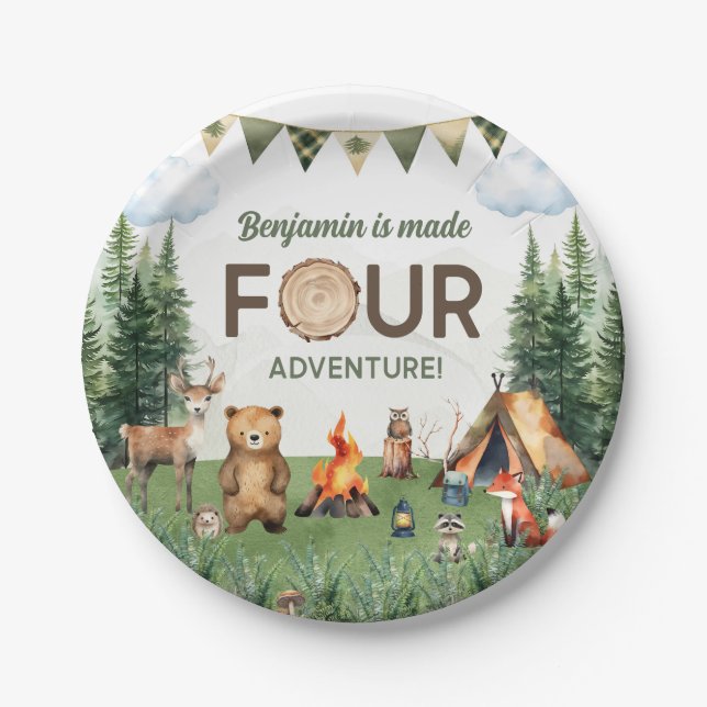 Made Four Adventure Camping 4th Birthday Party Paper Plate (Front)
