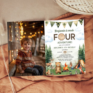 Made Four Adventure Camping 4th Birthday Photo Invitation