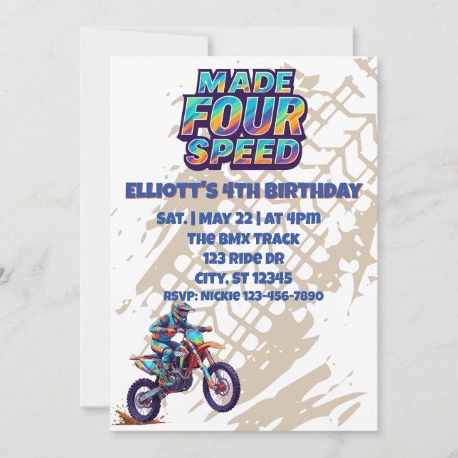 Made FOUR Speed, dirt bike 4th Birthday Invitation (Front)